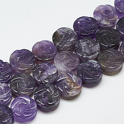Amethyst Carved Natural Amethyst Beads Strands, Flat Round with Rose, 10x6.5~7mm, Hole: 1mm, about 15pcs/strand, 8 inch