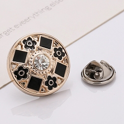 Black Plastic Brooch, Alloy Pin, with Rhinestone, Enamel, for Garment Accessories, Round with Flower & Square, Black, 25mm