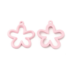 Pink Rack Plating Alloy Pendants, Spray Painted Flower Charms, Cadmium Free & Nickel Free & Lead Free, Pink, 24x22.5x3mm, Hole: 1.5mm