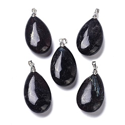 Gemstone Natural Glaucophane Pendants, with Brass Finding, Teardrop, 35x20x7.5~9mm, Hole: 4x3.5mm