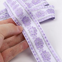 Lilac Ethnic Style Embroidery Polyester Ribbons, Jacquard Ribbon, Garment Accessories, Flower Pattern, Lilac, 1-1/4 inch(33mm), about 7.44 Yards(6.8m)/Roll