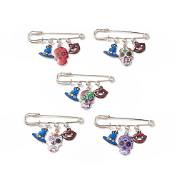 Mixed Color Halloween Skull & Witch Hat & Lip Alloy Enamel Charms Safety Pin Brooch, Iron Sweater Shawl Clips for Waist Pants Extender Clothes Dresses Decoration, Mixed Color, 38mm