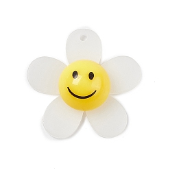 White Frosted Translucent Acrylic Pendants, Sunflower with Smiling Face Charm, White, 29x30x9mm, Hole: 1.8mm