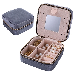 Dark Gray Square Velvet Jewelry Organizer Zipper Boxes, Portable Travel Jewelry Case with Mirror Inside, for Earrings, Necklaces, Rings, Dark Gray, 10x10x5cm