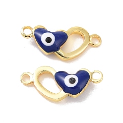 Marina Azul Colgantes de conector de esmalte de latón, real 18 k chapado en oro, corazón doble con patrón de mal de ojo, azul marino, 6x14x3 mm, agujero: 1.2 mm