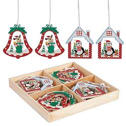 Mixed Color Christmas Wooden Ornaments Set, 12 Pcs Wooden Pendants Kit Hanging Ornaments, for Christmas Tree Door and Party Gift Decoration, Bell and House, Mixed Color, House: 56x47mm, Box: 132x132mm