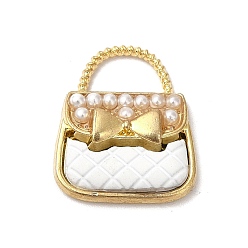 White Alloy Enamel Charms, with ABS Plastic Imitation Pearl Beads, Cadmium Free & Nickel Free & Lead Free, Golden, Handbag with Bowknot Charm, White, 18.5x16x4.5mm, Hole: 4.5x8mm