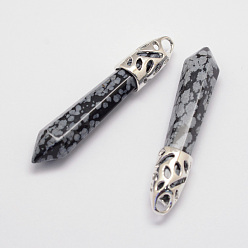 Snowflake Obsidian Natural Snowflake Obsidian Big Pointed Pendants, with Alloy Findings, Bullet, Platinum, 57~63x13x10mm, Hole: 3x4mm
