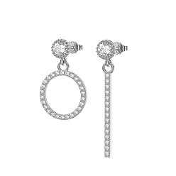 Real Platinum Plated Rhodium Plated 925 Sterling Silver Micro Pave Cubic Zirconia Ear Studs, Asymmetrical Earrings for Women, Rectangle & Ring, with S925 Stamp, Real Platinum Plated, 20~29mm