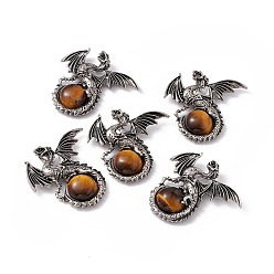 Tiger Eye Natural Tiger Eye Dome Pendants, Gragon Charms, with Rack Plating Antique Silver Tone Alloy Findings, Cadmium Free & Lead Free, 44x46x9mm, Hole: 5.5x4mm