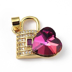 Medium Violet Red Real 18K Gold Plated Rack Plating Brass Micro Pave Clear Cubic Zirconia Pendants, with Glass, Long-Lasting Plated, Cadmium Free & Lead Free, Lock with Heart Charm, Medium Violet Red, 23x19x8mm, Hole: 5x3.2mm