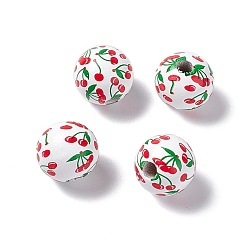 Cerise Perles européennes en bois imprimé de fruits, perle avec trou grande, ronde, rouge, motif de cerise, 16x14.5mm, Trou: 4.2mm