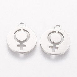 Stainless Steel Color 201 Stainless Steel Charms, Flat Round with Female Gender Sign, Stainless Steel Color, 14x12x1.2mm, Hole: 1.5mm