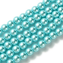 Cyan Eco-Friendly Grade A Glass Pearl Beads, Pearlized, Round, Cyan, 6mm, Hole: 1.2~1.5mm, about 68pcs/Strand, 16''(40.64cm)