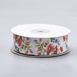 Olive Single Face Printed Polyester Grosgrain Ribbons, Flower Pattern, Olive, 1 inch(25mm), about 20yards/roll