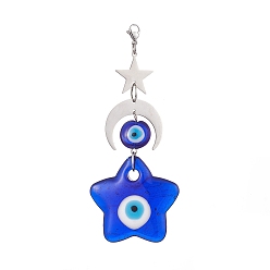 Star Handmade Evil Eye Lampwork Pendants Decorations, 201 Stainless Steel Moon Star and Lobster Claw Clasps Charms, Star, 108mm