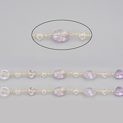 Améthyste Chaînes de perles d'améthyste naturelle à la main, avec perles de verre rondelles et chaînes forçat en laiton, plaqué longue durée, non soudée, avec bobine, nuggets, or, lien: 2x1.5x0.3 mm, pierres fines perles: 6~12x6~6.5x4~4.5 mm, perles de verre: 4x3 mm, environ 32.8 pieds (10 m)/rouleau