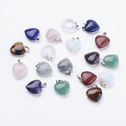 Mixed Stone Natural & Synthetic Mixed Stone Pendants, with Brass Findings, Heart, Platinum, 23x20x7~9mm, Hole: 5x8mm