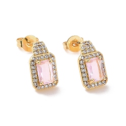 Misty Rose Cubic Zirconia Rectangle Stud Earrings, Real 18K Gold Plated Brass Jewelry for Women, Cadmium Free & Nickel Free & Lead Free, Misty Rose, 16x7x4mm, Pin: 0.6mm