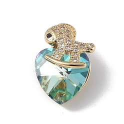 Turquoise Real 18K Gold Plated Rack Plating Brass Micro Pave Clear Cubic Zirconia Pendants, with Glass, Long-Lasting Plated, Cadmium Free & Lead Free, Horse & Heart Charm, Turquoise, 17.5x12x10mm, Hole: 2x4mm