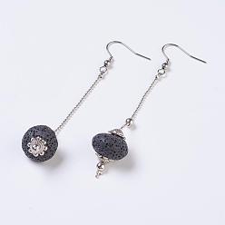 Black Lava Rock Dangle Earrings, with Stainless Steel Earring Hooks, Black, 88~90mm, pin: 0.6mm