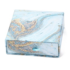 Light Sky Blue Square Paper Drawer Box, with Black Sponge & Polyester Rope, Marble Pattern, for Bracelet and Rings, Light Sky Blue, 9.3x9.4x3.4cm