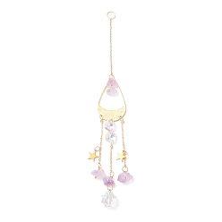 Golden Hanging Crystal Aurora Wind Chimes, with Prismatic Pendant, Teardrop-shaped Iron Link and Natural Amethyst, for Home Window Lighting Decoration, Golden, 265mm