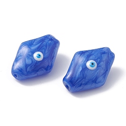Bleu Des billes de verre, avec l'émail, losange avec motif mauvais œil, bleu, 28x19x12mm, Trou: 1.2mm