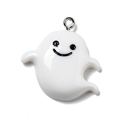 White Halloween Opaque Resin Pendants, with Platinum Tone Iron Loops, Ghost, White, 26x24x5.5mm, Hole: 2mm