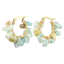 Flower Amazonite Natural Flower Amazonite Chips Braided Hoop Earrings, 304 Stainless Steel Wire Wrap Jewelry for Women, 25~27x28~33x7~9mm, Pin: 0.6mm