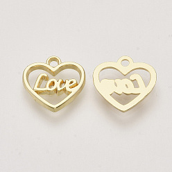 Light Gold Alloy Charms, Heart with Word LOVE, Light Gold, 11.5x12x1mm, Hole: 1.4mm