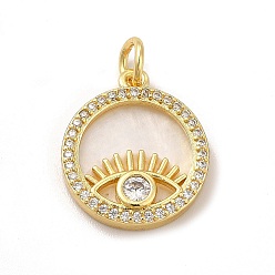 Real 18K Gold Plated Rack Plating Brass & Cubic Zirconia Pendants, with Plastic Findings & Jump Ring, Lead Free & Cadmium Free, Long-Lasting Plated, Flat Round with Eye Pattern Charm, Real 18K Gold Plated, 20x17x3.5mm, Hole: 4mm