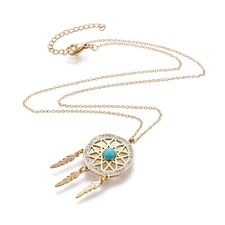 Golden 304 Stainless Steel Pendant Necklaces, with Polymer Clay Rhinestone and Synthetic Turquoise, Woven Net/Web with Feather, Golden, 16.54x0.05~0.08 inch(42x0.12~0.2cm)