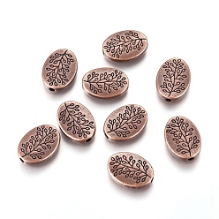 Red Copper Tibetan Style Alloy Beads, Oval with Leaf, Cadmium Free & Lead Free, Red Copper, 14x10x3mm, Hole: 1.5mm.