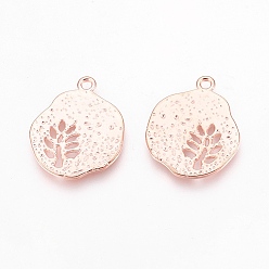 Rose Gold Tibetan Style Alloy Pendants, Cadmium Free & Lead Free, Flat Round with Leaf, Rose Gold, 22x18x1mm, Hole: 1mm