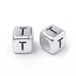 Letter T Plated Acrylic Beads, Horizontal Hole, Cube with Letter, Antique Silver, Letter.T, 6mm, Hole: 3mm, about 3000pcs/500g