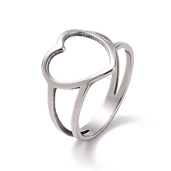 Stainless Steel Color 201 Stainless Steel Heart Finger Ring, Hollow Wide Ring for Valentine's Day, Stainless Steel Color, US Size 6 1/2(16.9mm)