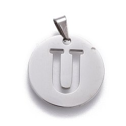 Letter U 201 Stainless Steel Pendants, Flat Round with Letter, Stainless Steel Color, Letter.U, 24.5x19.7x1.3mm, Hole: 4x3mm