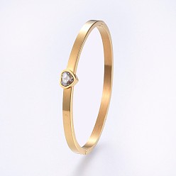 Golden 304 Stainless Steel Bangles, with Rhinestone, Heart, Golden, 2-1/4 inch(5.6cm)x1-7/8 inch(4.7cm), 4~7.5mm