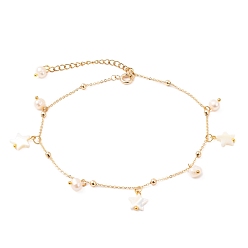 Golden Brass Cable Chain Anklets, with Round Beads, Natural Trochid Shell Star Beads and Natural Pearl Beads, Golden, 9-3/4 inch(24.8cm)