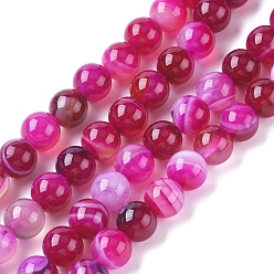 Hot Pink Natural Striped Agate/Banded Agate Beads Strands, Dyed & Heated, Round, Hot Pink, 10mm, Hole: 1.2mm, about 37pcs/strand, 14.65 inch(37.2cm)