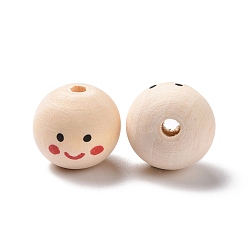 Marron Clair Perles européennes en bois imprimées, perle ronde à gros trou avec motif visage souriant, non teint, bisque, 20x17.5mm, Trou: 4.7mm, environ217 pcs / 500 g