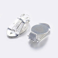 Plata Ajustes de pendiente de clip de latón, con almohadilla plana redonda, el color plateado de plata, Bandeja: 14x11 mm, 21x11x7 mm