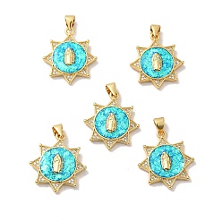Real 18K Gold Plated Rack Plating Brass Micro Pave Cubic Zirconia with Synthetic Opal Pendants, with Jump Ring, Lead Free & Cadmium Free, Long-Lasting Plated, Sun with Saint, Real 18K Gold Plated, 22x20x3.8mm, Hole: 5x3.6mm