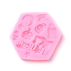 Pink Moules en silicone de qualité alimentaire thème Halloween, moules fondants, pour la décoration de gâteau de bricolage, chocolat, candy, fabrication de bijoux en résine uv & résine époxy, hexagone de forme mixte, rose, 90x84x10mm