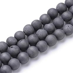 Gray Plated Electroplated Natural Druzy Geode Agate Bead Strands, Matte Style, Round, Gray Plated, 8~9mm, Hole: 1mm, about 46pcs/strand, 14.7 inch