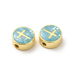 Aqua Rack Plating Brass Enamel Beads, with Shell Chips, Long-lasting Plated, Cadmium Free & Lead Free,Flat Round with Cross, Golden, Aqua, 11x4.5mm, Hole: 1.8mm