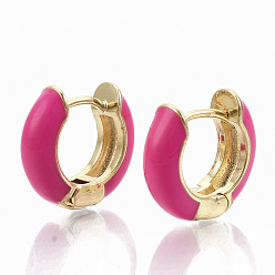 Deep Pink Brass Huggie Hoop Earrings, with Enamel, Real 18K Gold Plated, Deep Pink, 14x15x5mm, Pin: 1x1mm