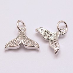 Real Platinum Plated Brass Micro Pave Grade AAA Cubic Zirconia Charms, Long-Lasting Plated, Whale Tail, Cadmium Free & Nickel Free & Lead Free, Real Platinum Plated, 9x12.5x3mm, Hole: 3mm