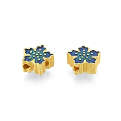Marine Blue Alloy Enamel Beads, Matte Gold Color, Sakura, Marine Blue, 9x9x4mm, Hole: 1.5mm